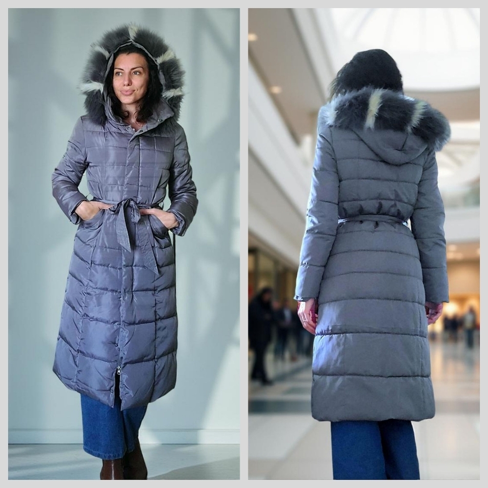 Women's Gray Puffer Midi Coat with Fur Hood